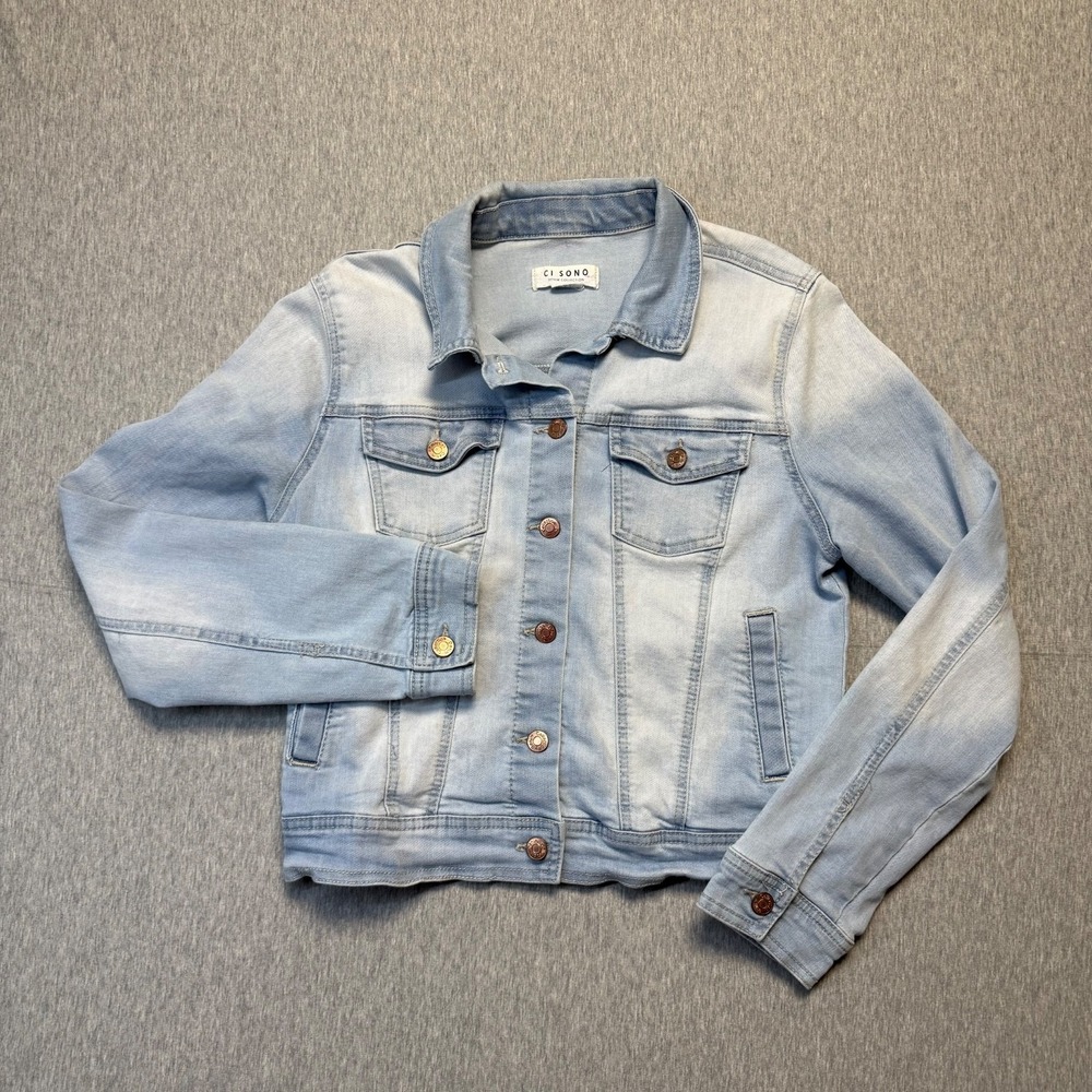 CI Sono Jean Denim Jacket Size Medium Light Blue Button Front Pocket Long Sleeve